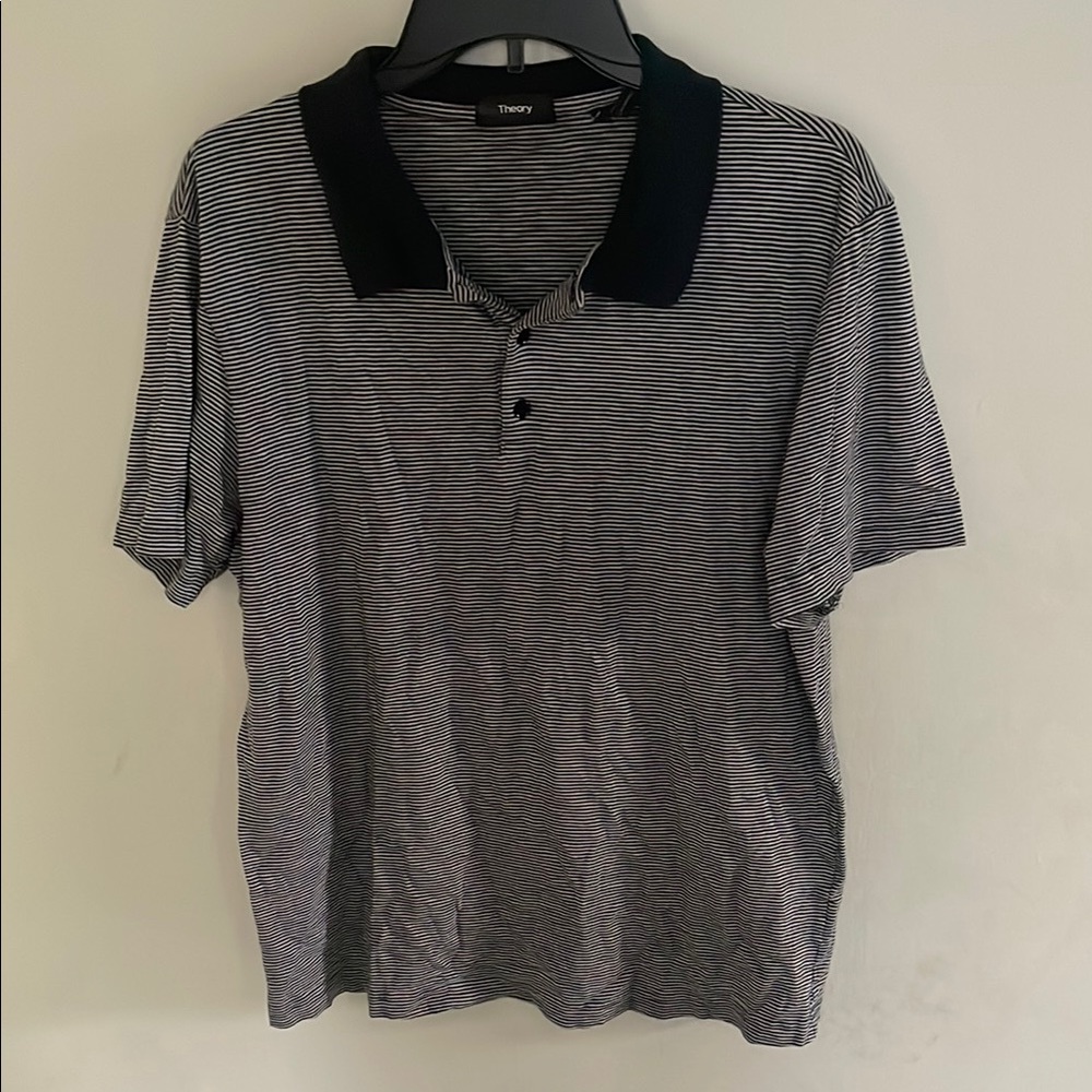 Theory Men's Black and White Striped Polo Shirt